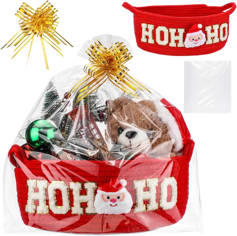 FoldTier 1 Set Christmas Empty Basket Set for Gifts with Bows Ribbons Cute HOHOHO Santa Claus Red Woven Basket with Handle Clear Cellophane Bags for Christmas Holiday Party Supplies Home Decoration - Image 1